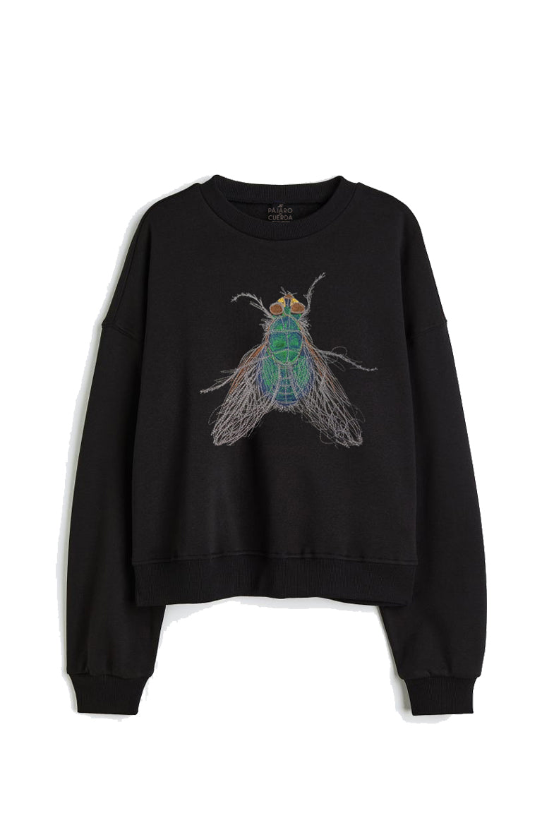 EMBROIDERED CROPPED BLACK FLIE SWEATSHIRT