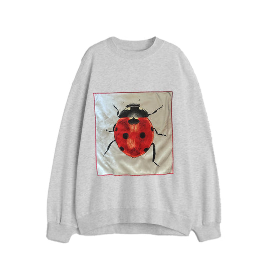 OVERSIZED VELVET LADYBUG PATCH  GRAY SWEATSHIRT