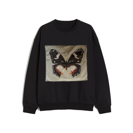 OVERSIZED VELVET  BUTTERFLY PATCH BLACK SWEATSHIRT